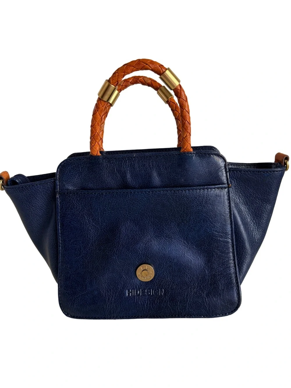 Hidesign Navy Blue Leather Purse Top Handle Satchel Braided Handle Brass accents